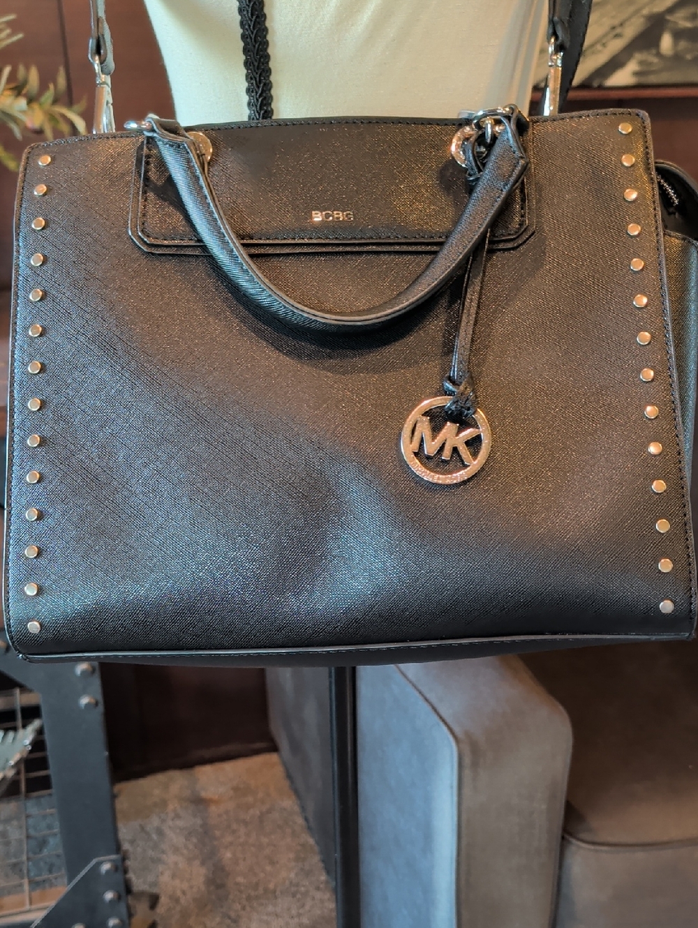 Michael Kors Black Leather Satchel with MK Charm and Stud Accents